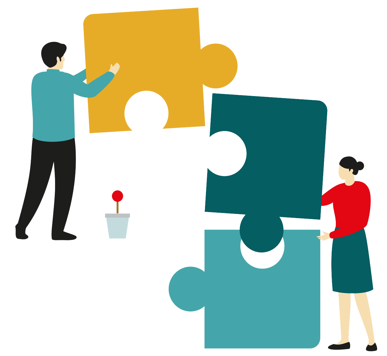 Man and woman assemble a three-piece puzzle